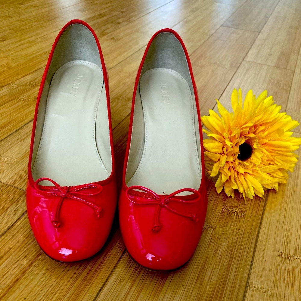 JCrew red patent leather block heal shoes.